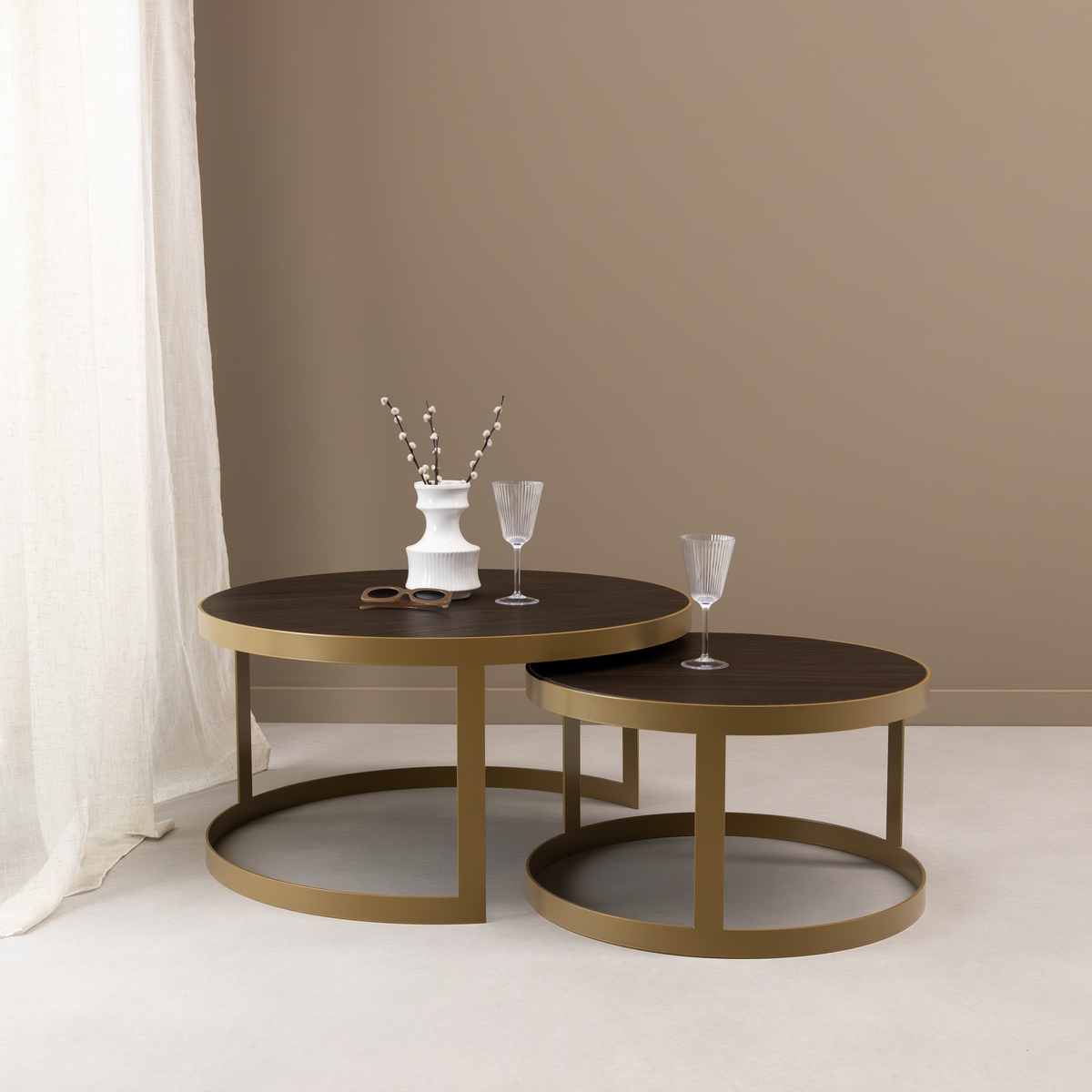 Stalux Salontafelset 'Saar' rond 80 en 60cm, kleur goud / bruin hout