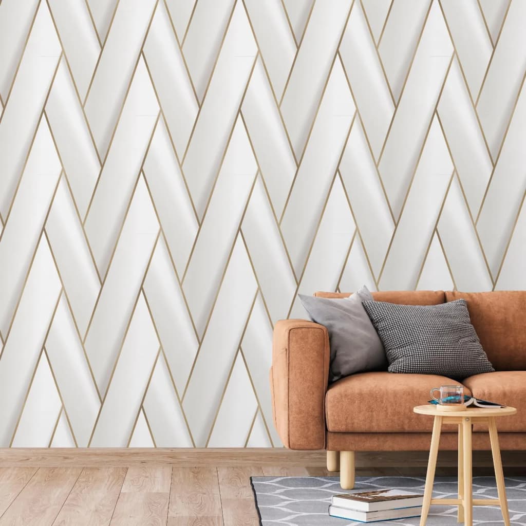 DUTCH WALLCOVERINGS Behang Geometric wit en goudkleurig