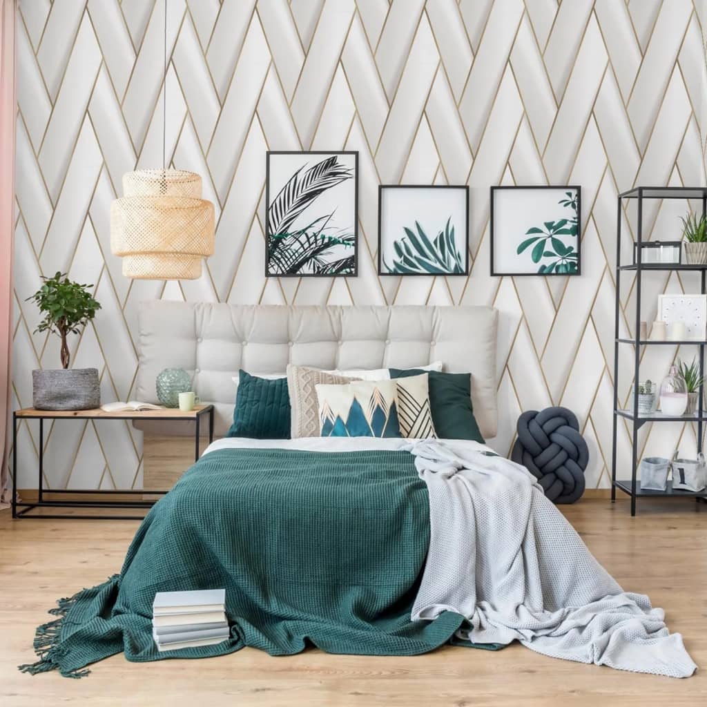 DUTCH WALLCOVERINGS Behang Geometric wit en goudkleurig