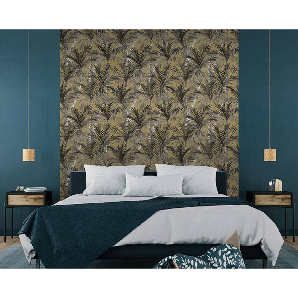 DUTCH WALLCOVERINGS Behang Palm Trees goudkleurig en zwart