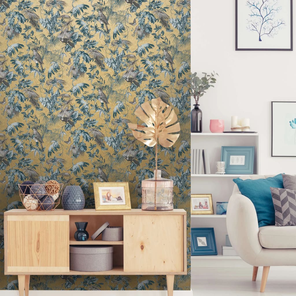 DUTCH WALLCOVERINGS Behang bladeren en vogels groen en roze