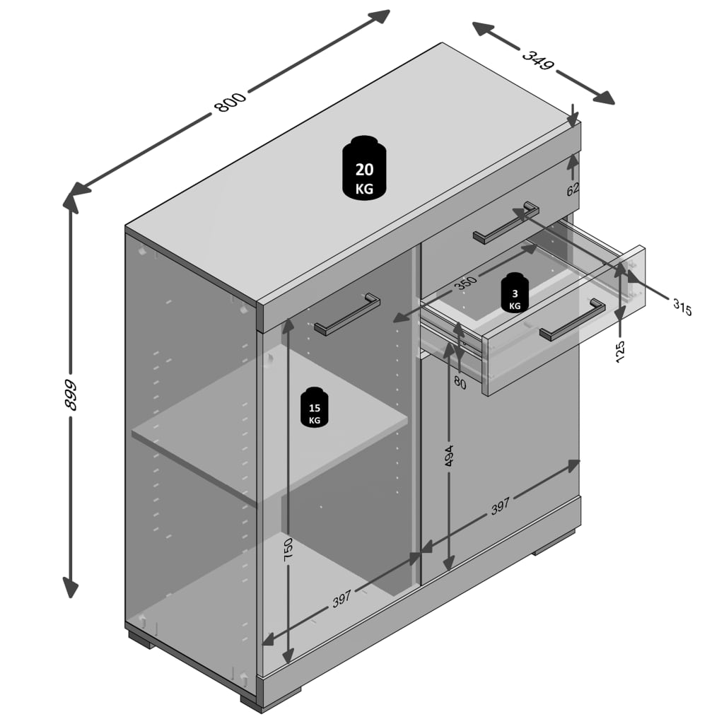 FMD Kast met 2 deuren 2 lades 80x34,9x89,9 cm betonkleurig