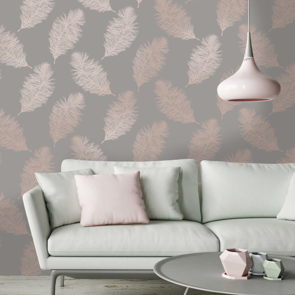 DUTCH WALLCOVERINGS Behang Fawning Feather grijs en roségoudkleurig