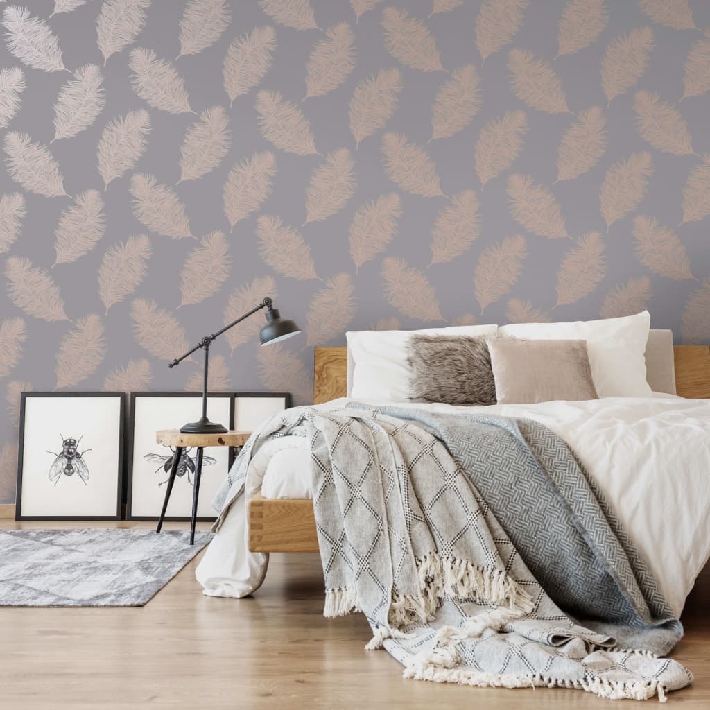 DUTCH WALLCOVERINGS Behang Fawning Feather grijs en roségoudkleurig