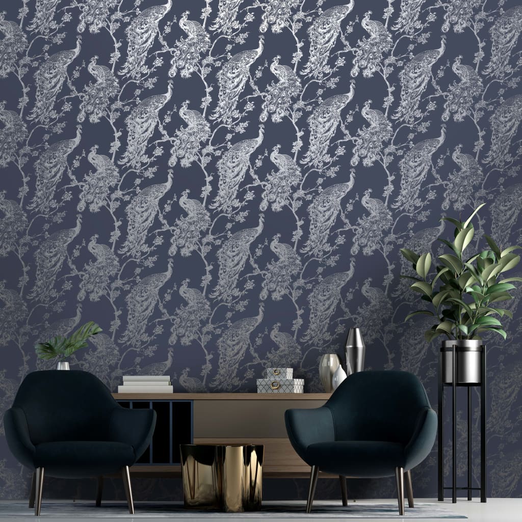 DUTCH WALLCOVERINGS Behang Peacock marineblauw en zilverkleurig