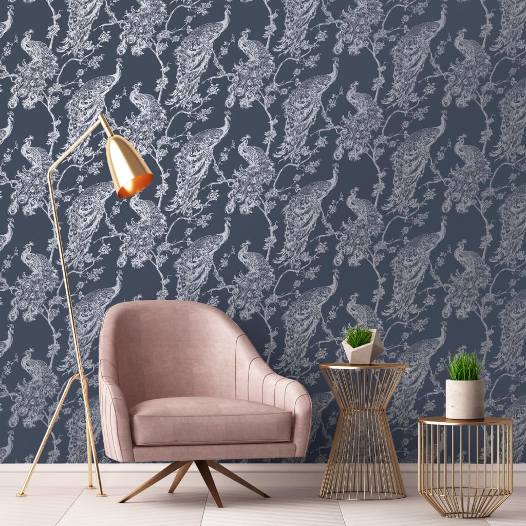 DUTCH WALLCOVERINGS Behang Peacock marineblauw en zilverkleurig