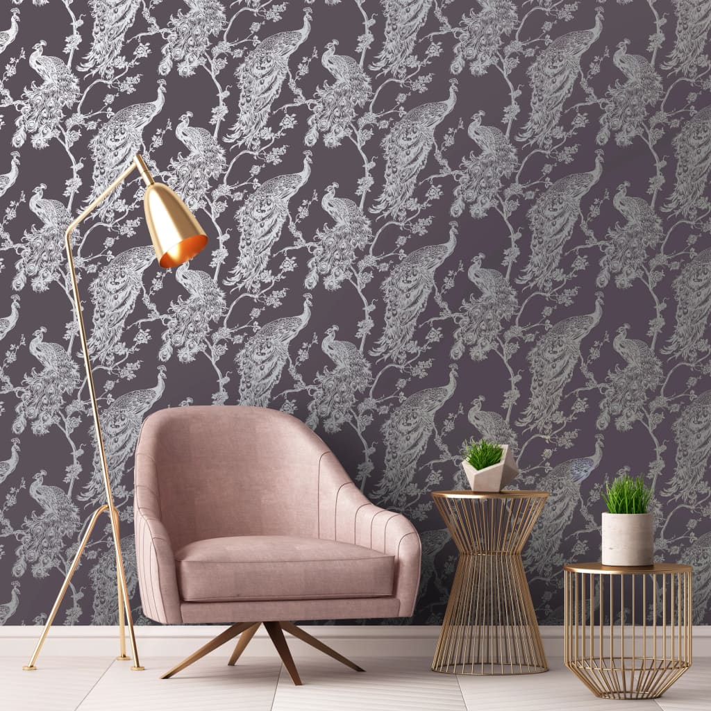 DUTCH WALLCOVERINGS Behang Peacock marineblauw en zilverkleurig