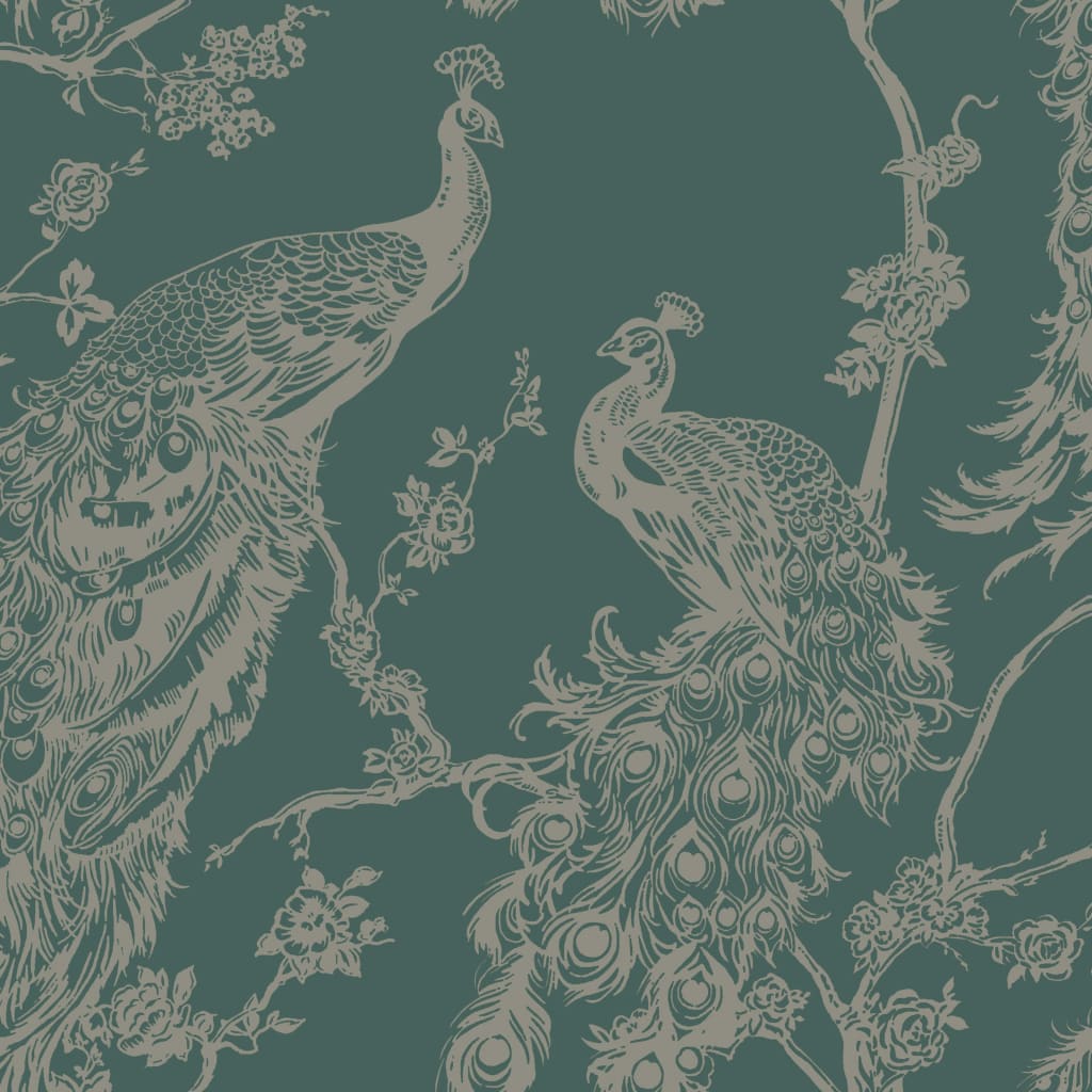 DUTCH WALLCOVERINGS Behang Peacock marineblauw en zilverkleurig