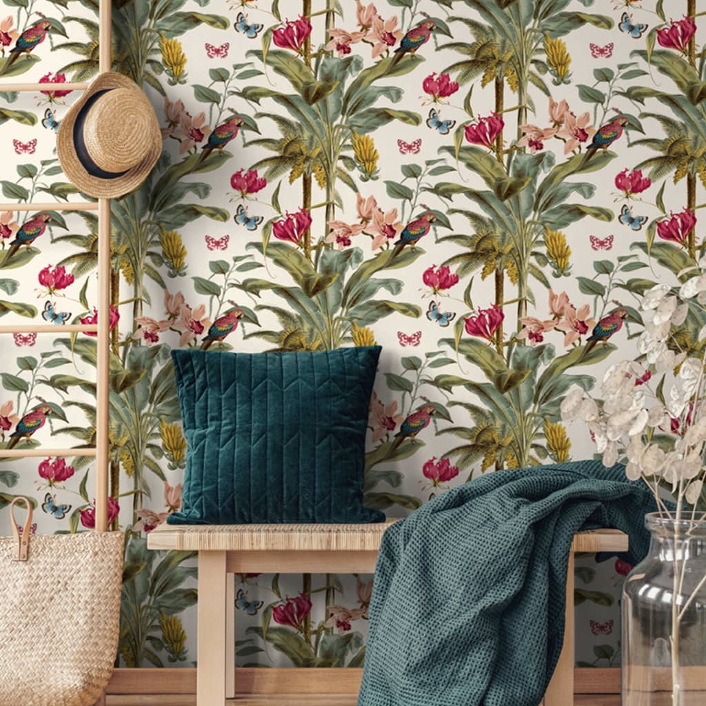 DUTCH WALLCOVERINGS Behang Tropical Palm groen en roze