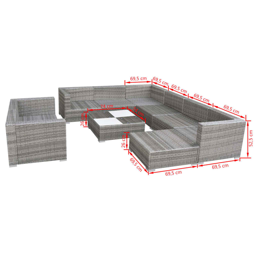 10-delige Loungeset met kussens poly rattan