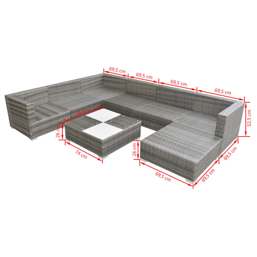 8-delige Loungeset met kussens poly rattan