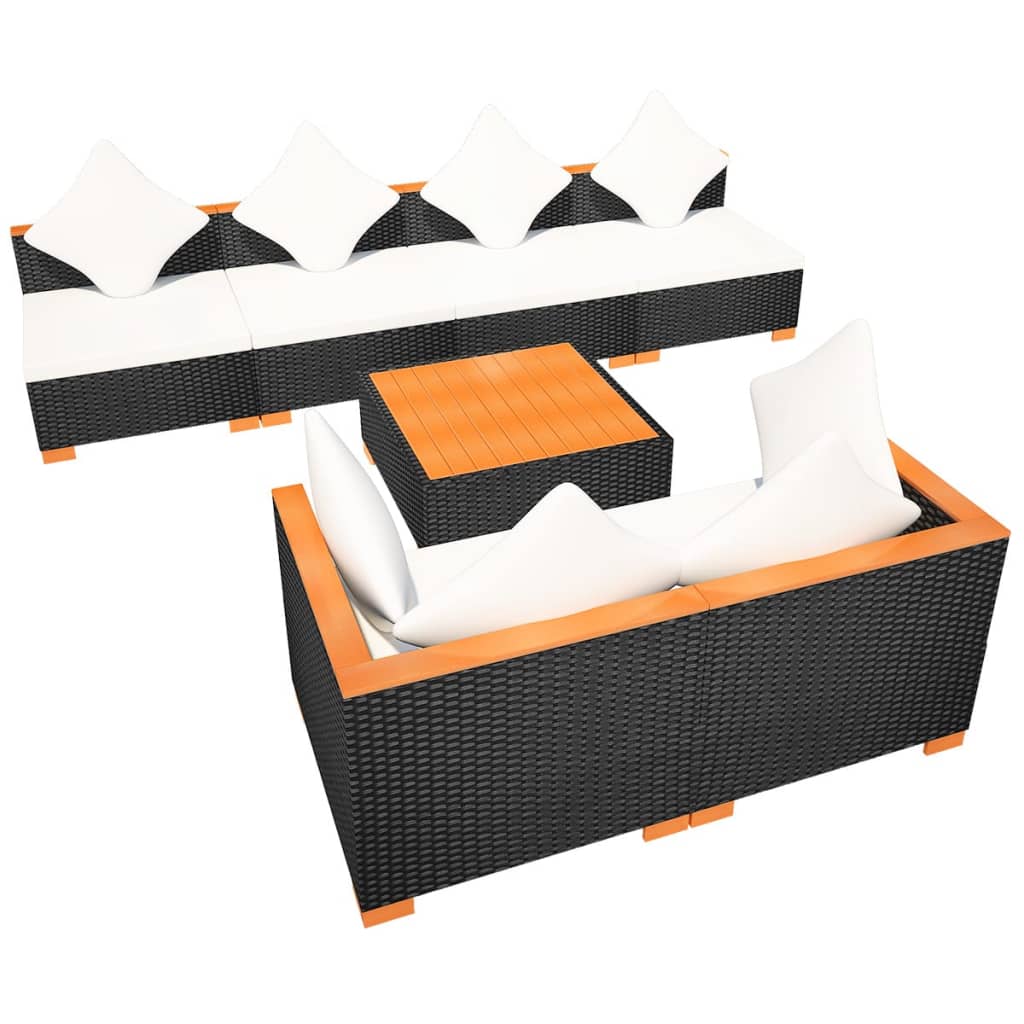 8-delige Loungeset met kussens poly rattan zwart