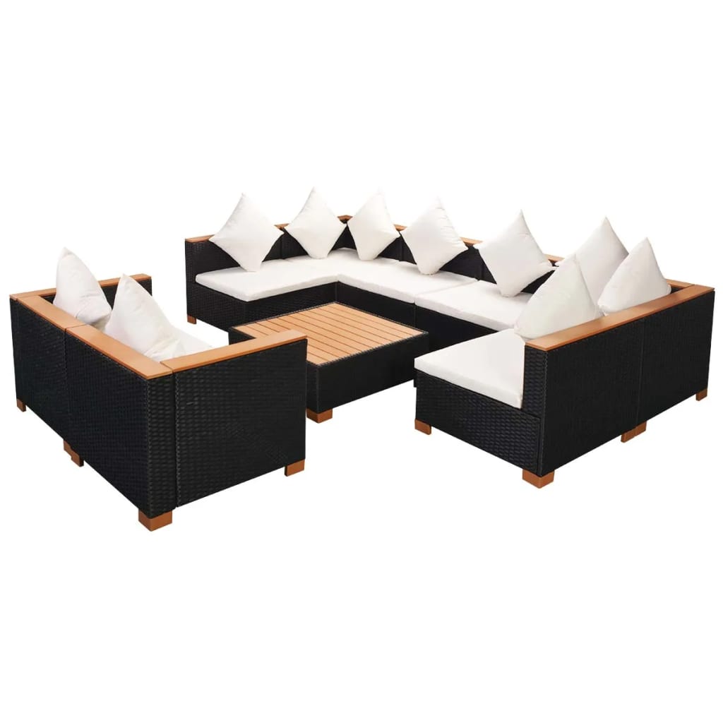 8-delige Loungeset met kussens poly rattan zwart