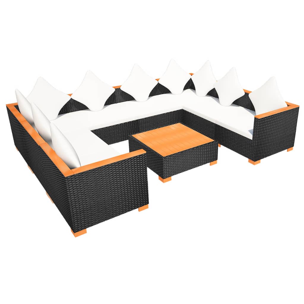 8-delige Loungeset met kussens poly rattan zwart