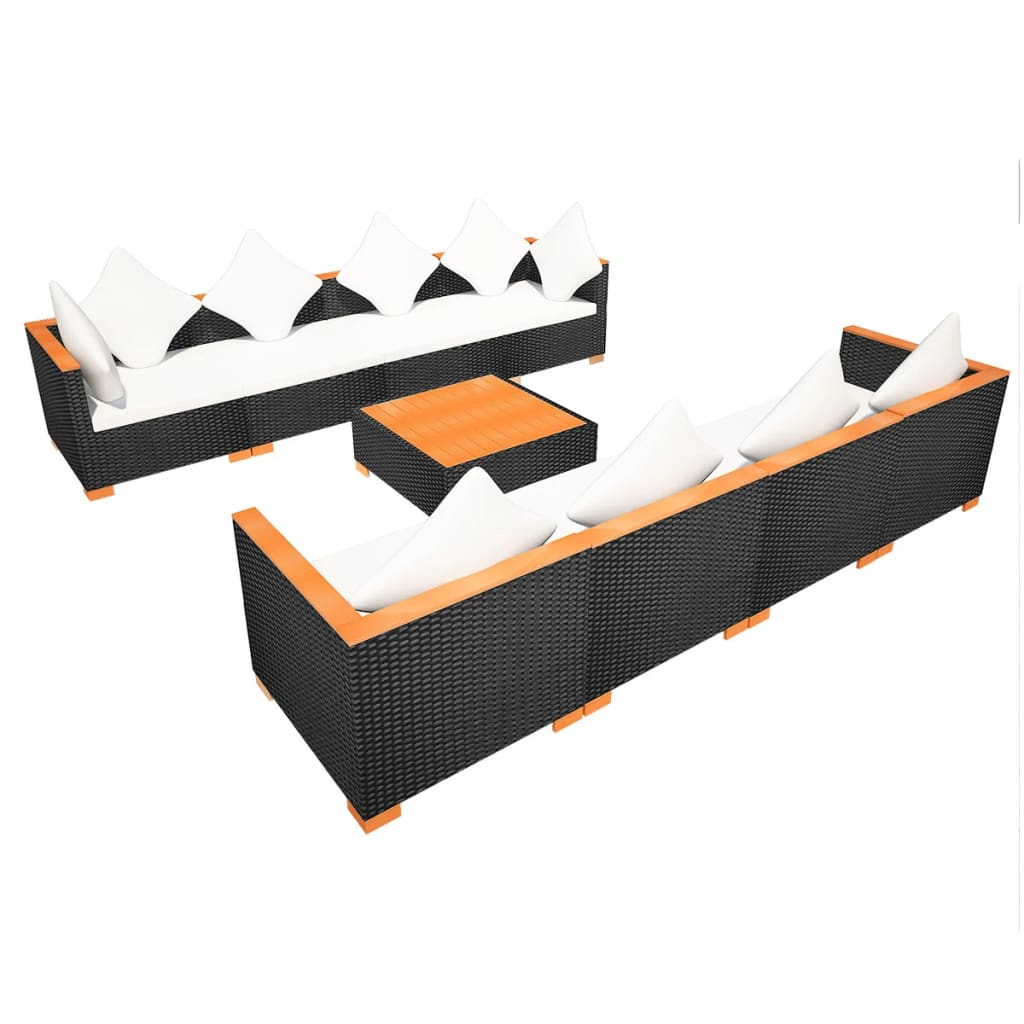 8-delige Loungeset met kussens poly rattan zwart