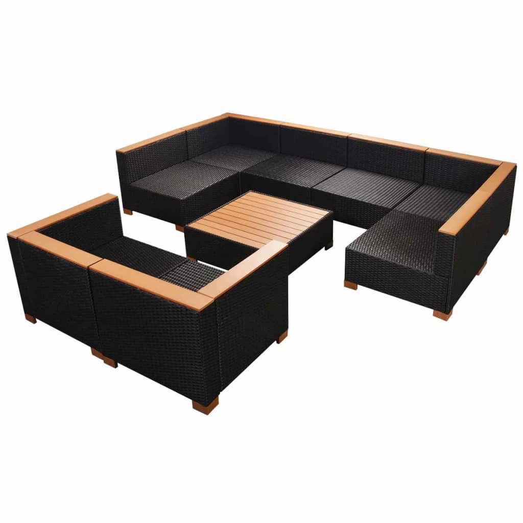 8-delige Loungeset met kussens poly rattan zwart