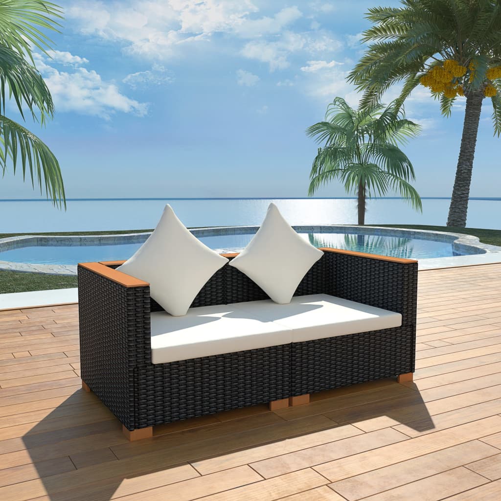 8-delige Loungeset met kussens poly rattan zwart