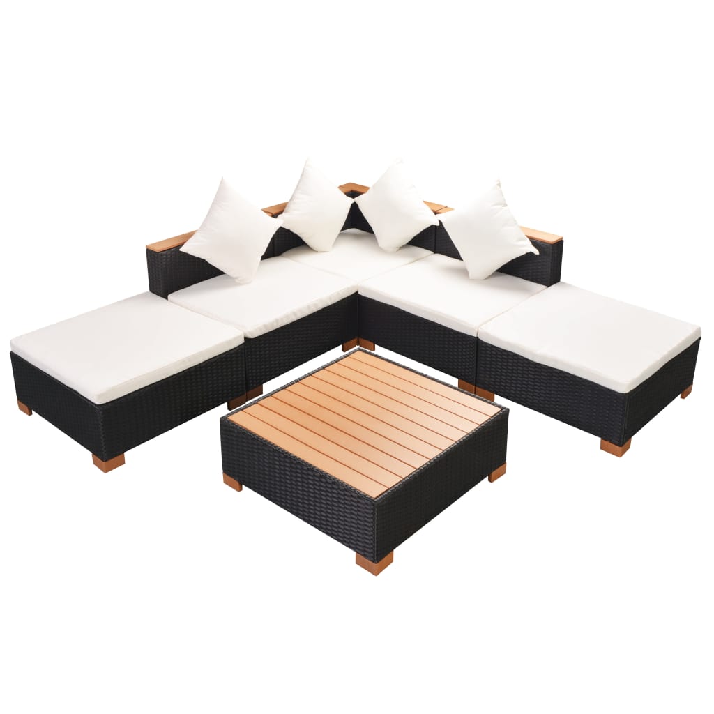 8-delige Loungeset met kussens poly rattan zwart