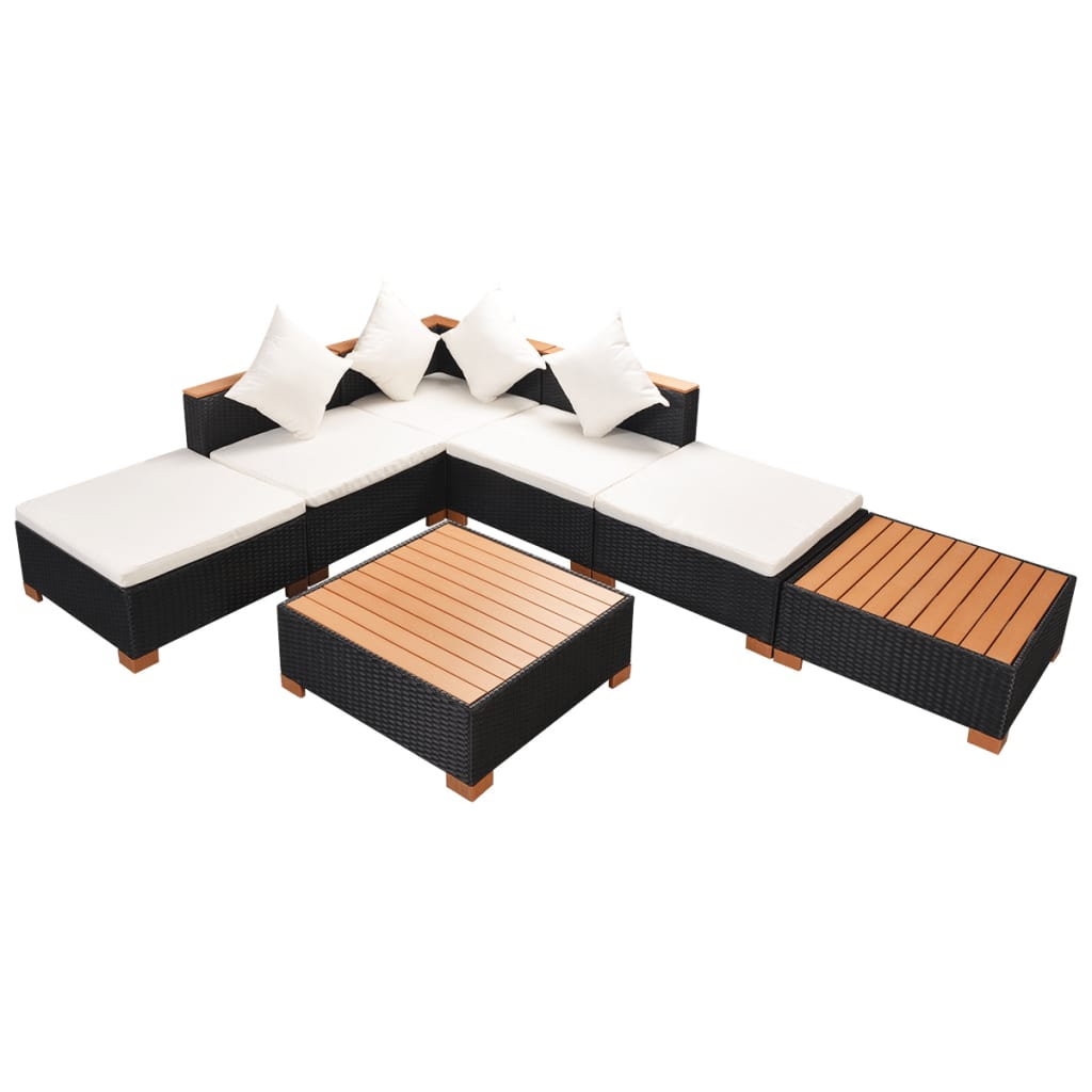 8-delige Loungeset met kussens poly rattan zwart