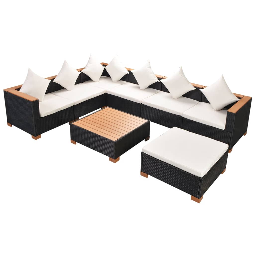 8-delige Loungeset met kussens poly rattan zwart