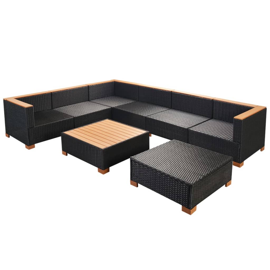 8-delige Loungeset met kussens poly rattan zwart