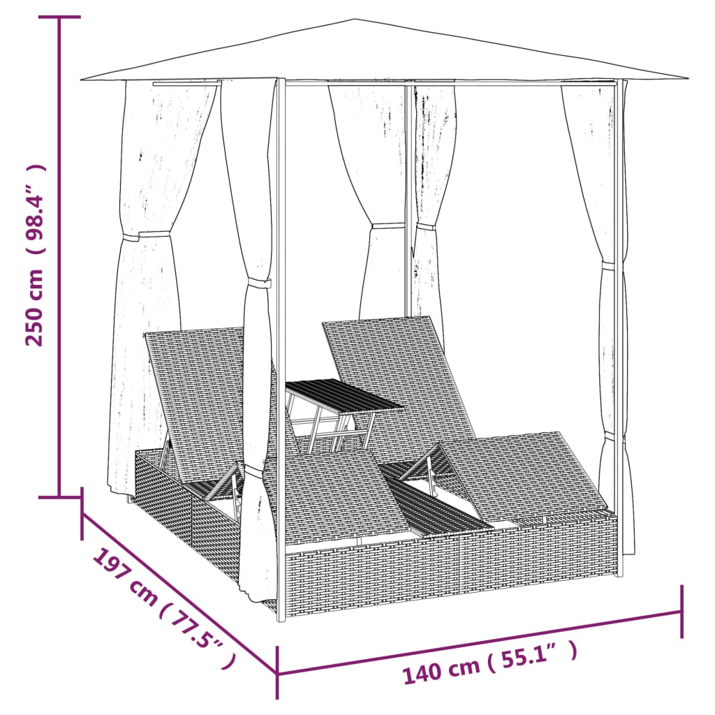 Ligbed tweepersoons met gordijn poly rattan