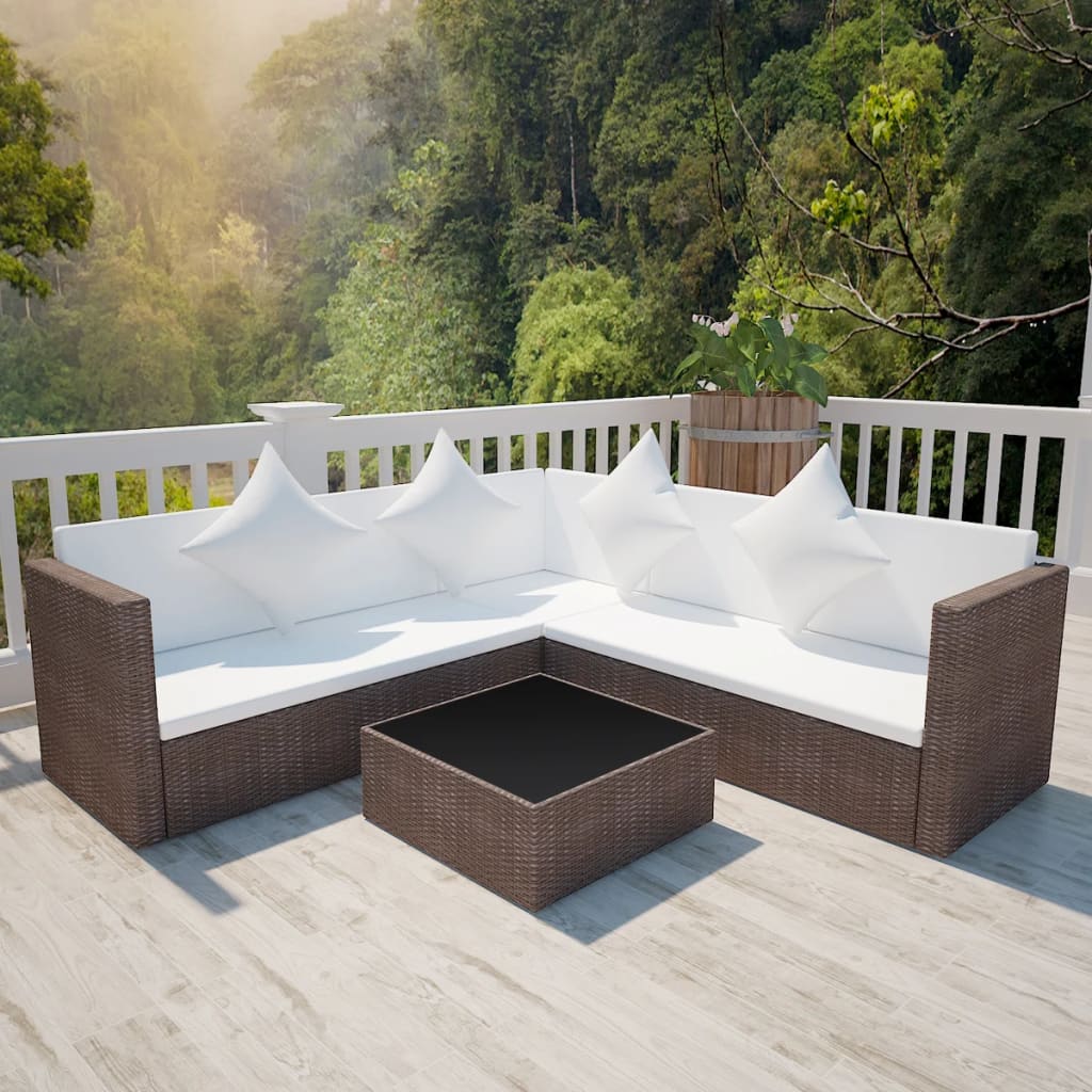 4-delige Loungeset met kussens poly rattan zwart