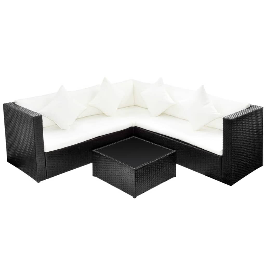 4-delige Loungeset met kussens poly rattan zwart