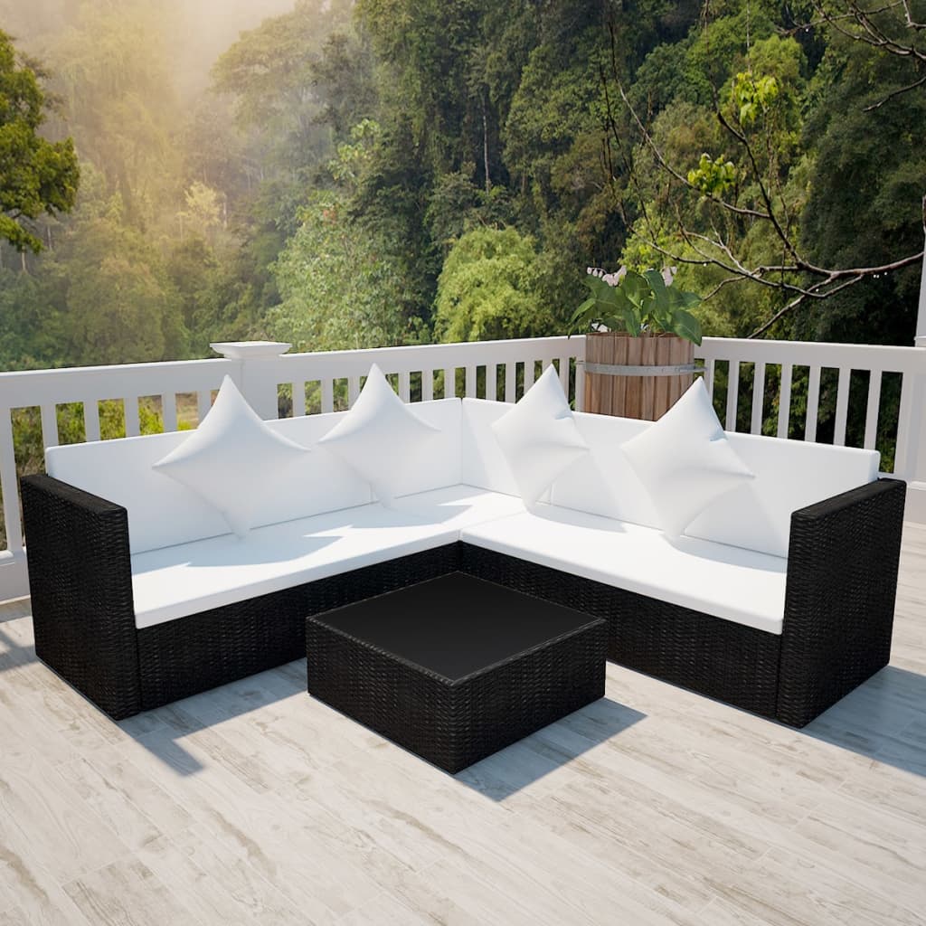 4-delige Loungeset met kussens poly rattan zwart