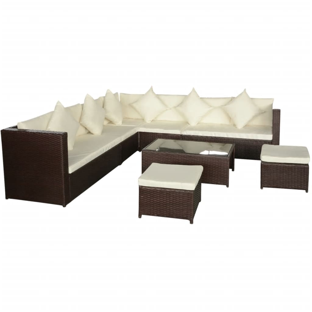 8-delige Loungeset met kussens poly rattan bruin