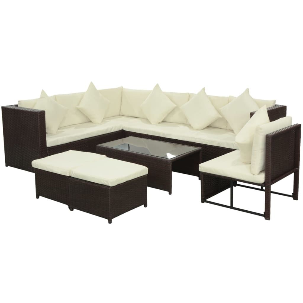 8-delige Loungeset met kussens poly rattan bruin