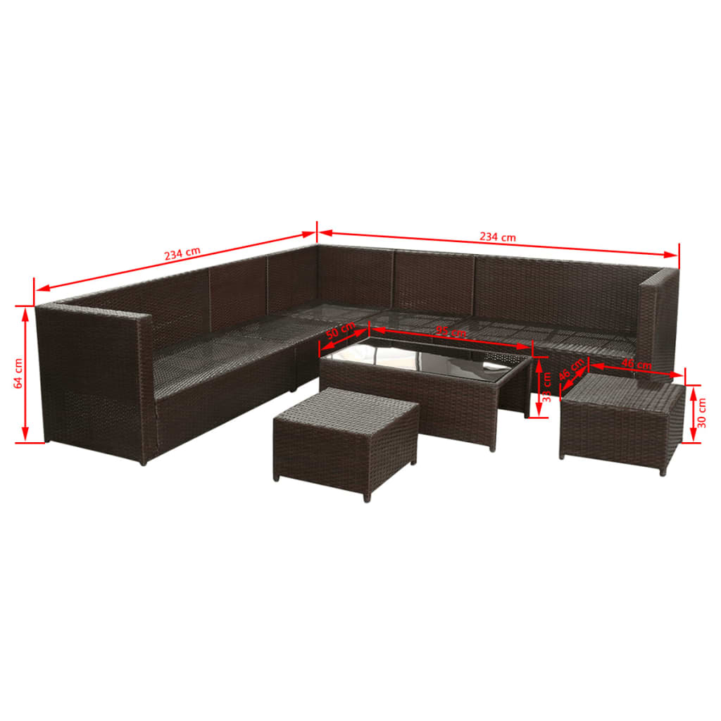 8-delige Loungeset met kussens poly rattan bruin