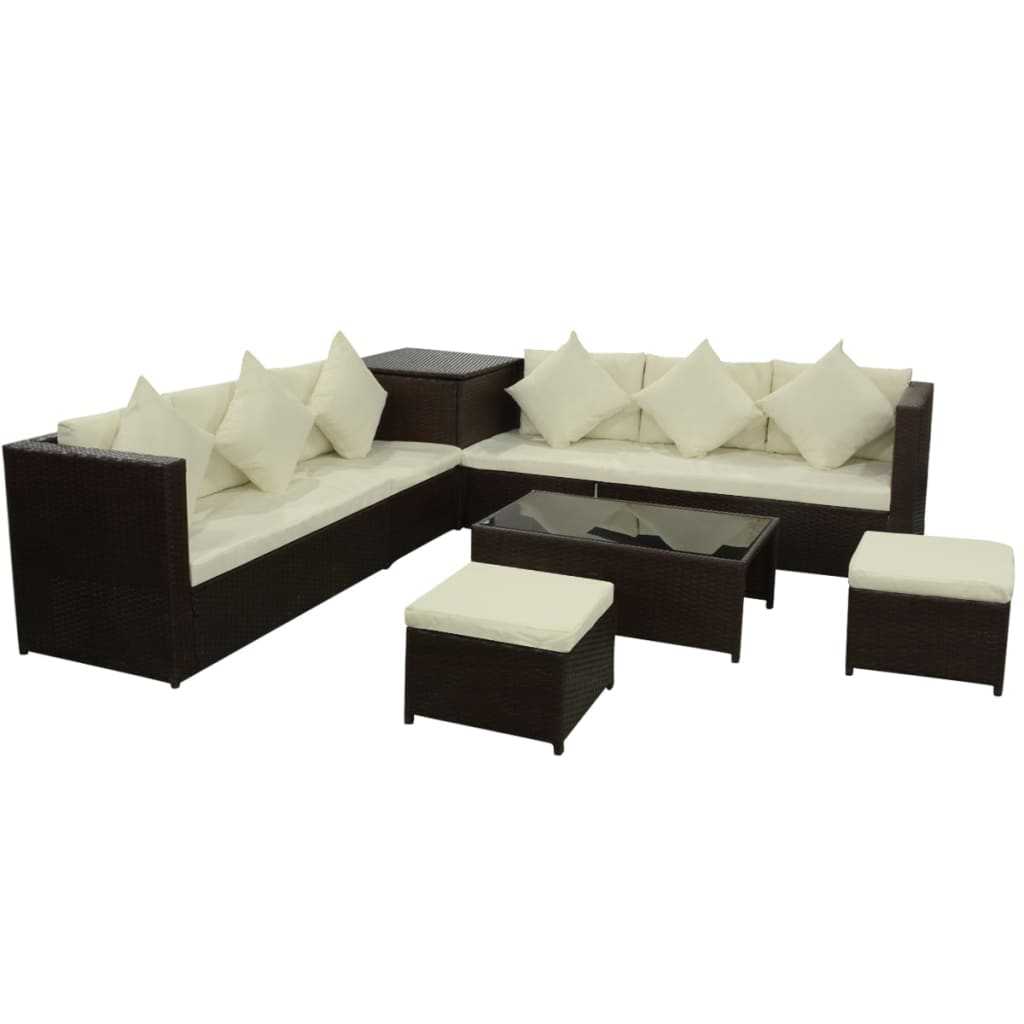 8-delige Loungeset met kussens poly rattan bruin