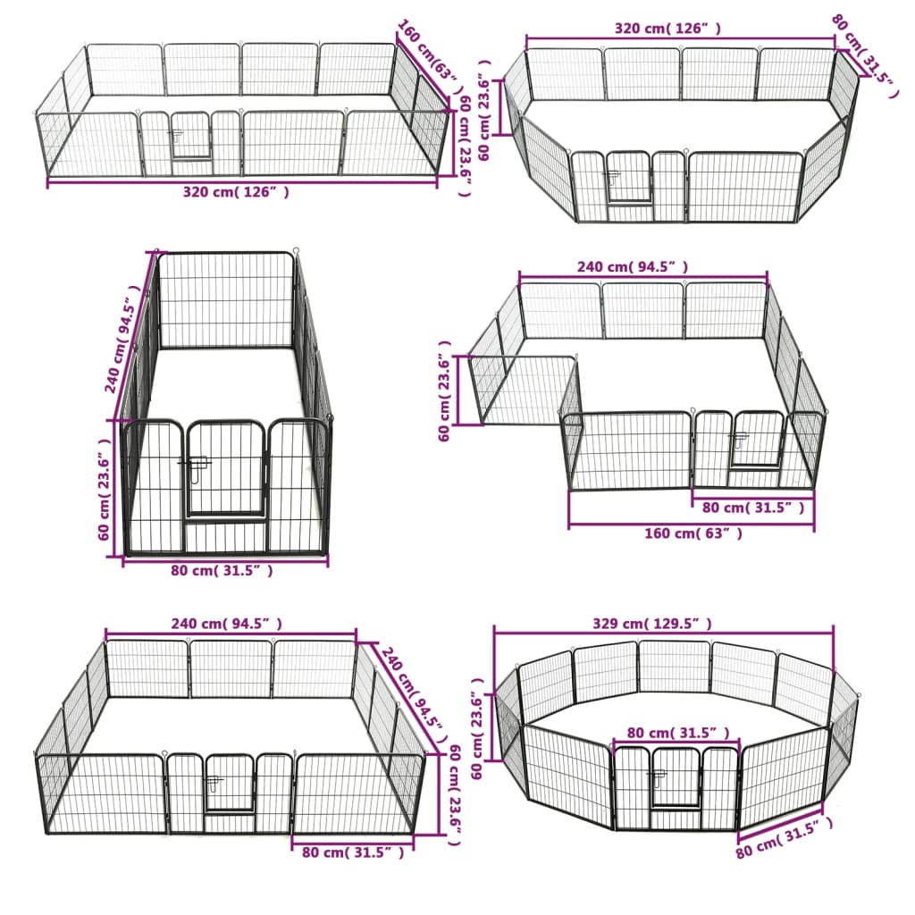 Hondenren met 8 panelen 80x100 cm staal zwart