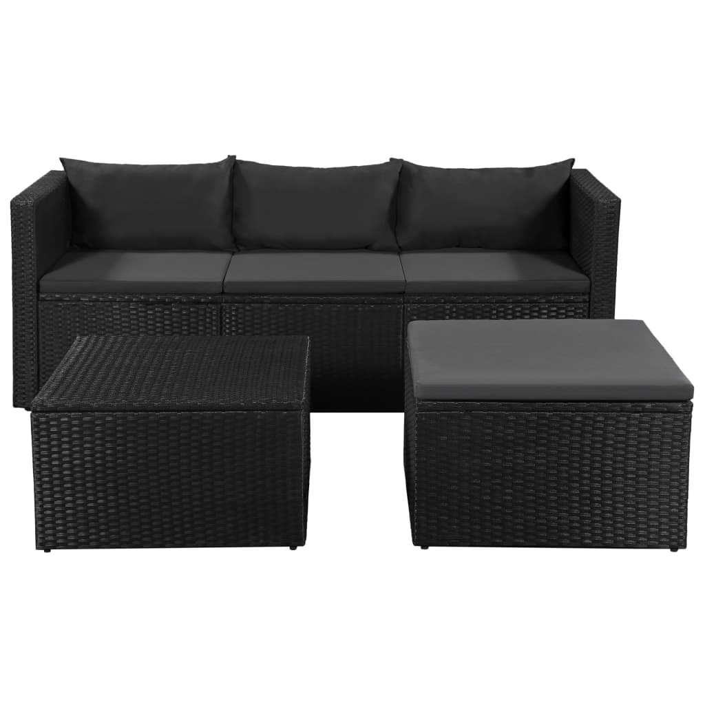 3-delige Loungeset poly rattan zwart en grijs