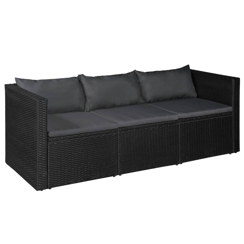 3-delige Loungeset poly rattan zwart en grijs