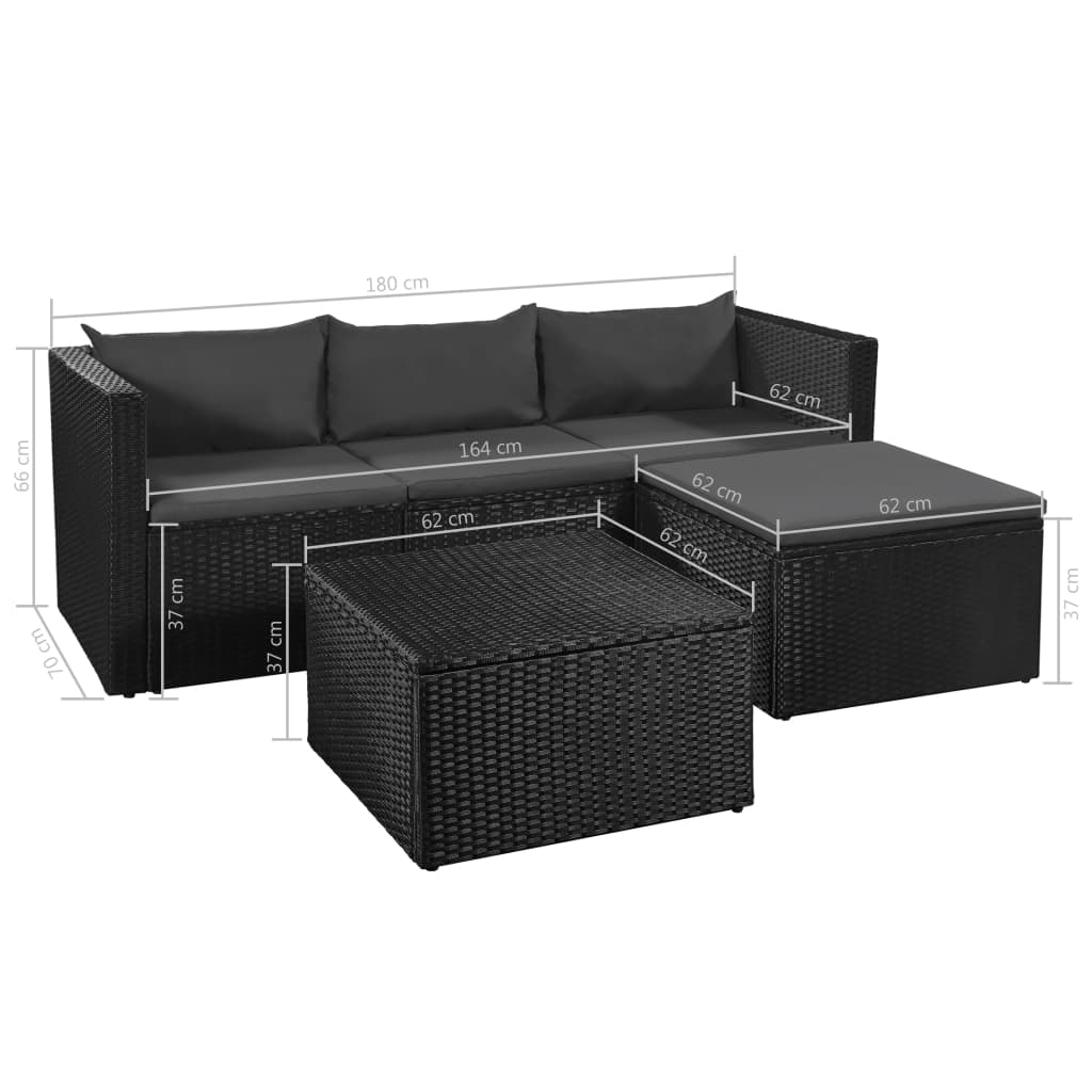 3-delige Loungeset poly rattan zwart en grijs