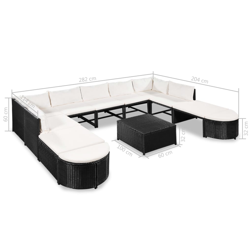 12-delige Loungeset met kussens poly rattan zwart