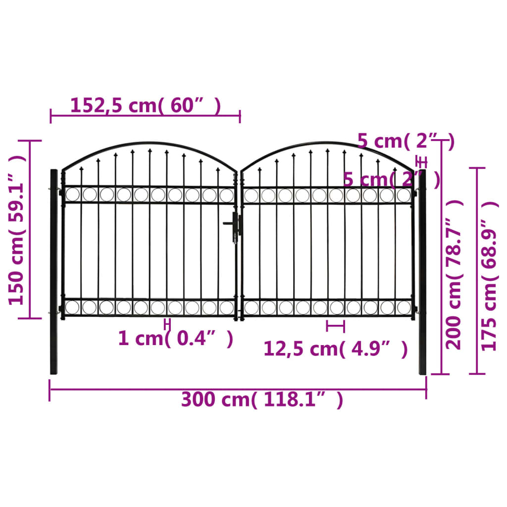 Poort met gebogen bovenkant dubbel 400x125 cm staal zwart