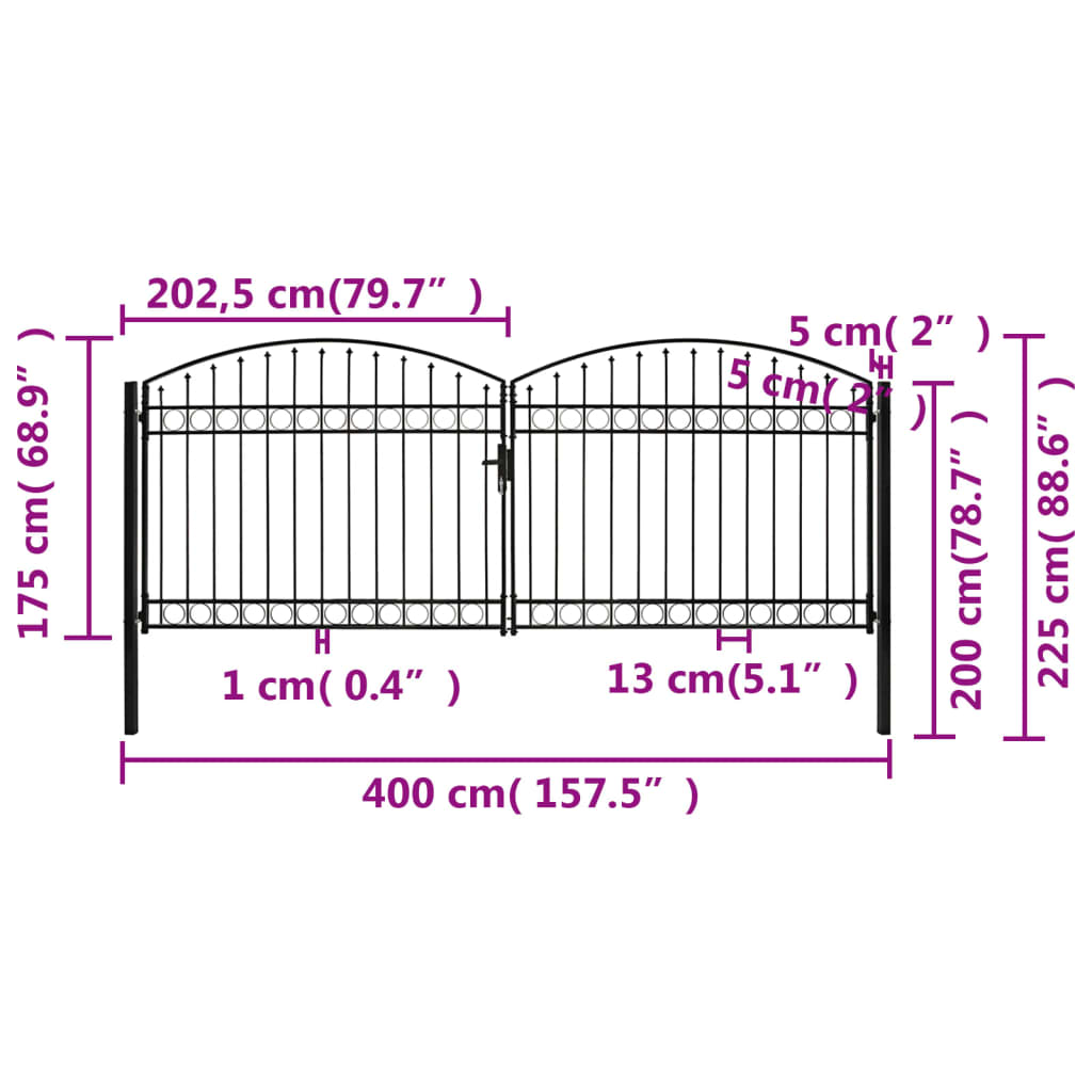 Poort met gebogen bovenkant dubbel 400x125 cm staal zwart