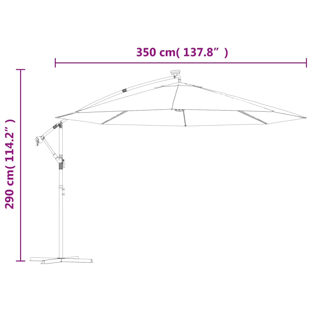 Zweefparasol met LED-verlichting en stalen paal wijnrood