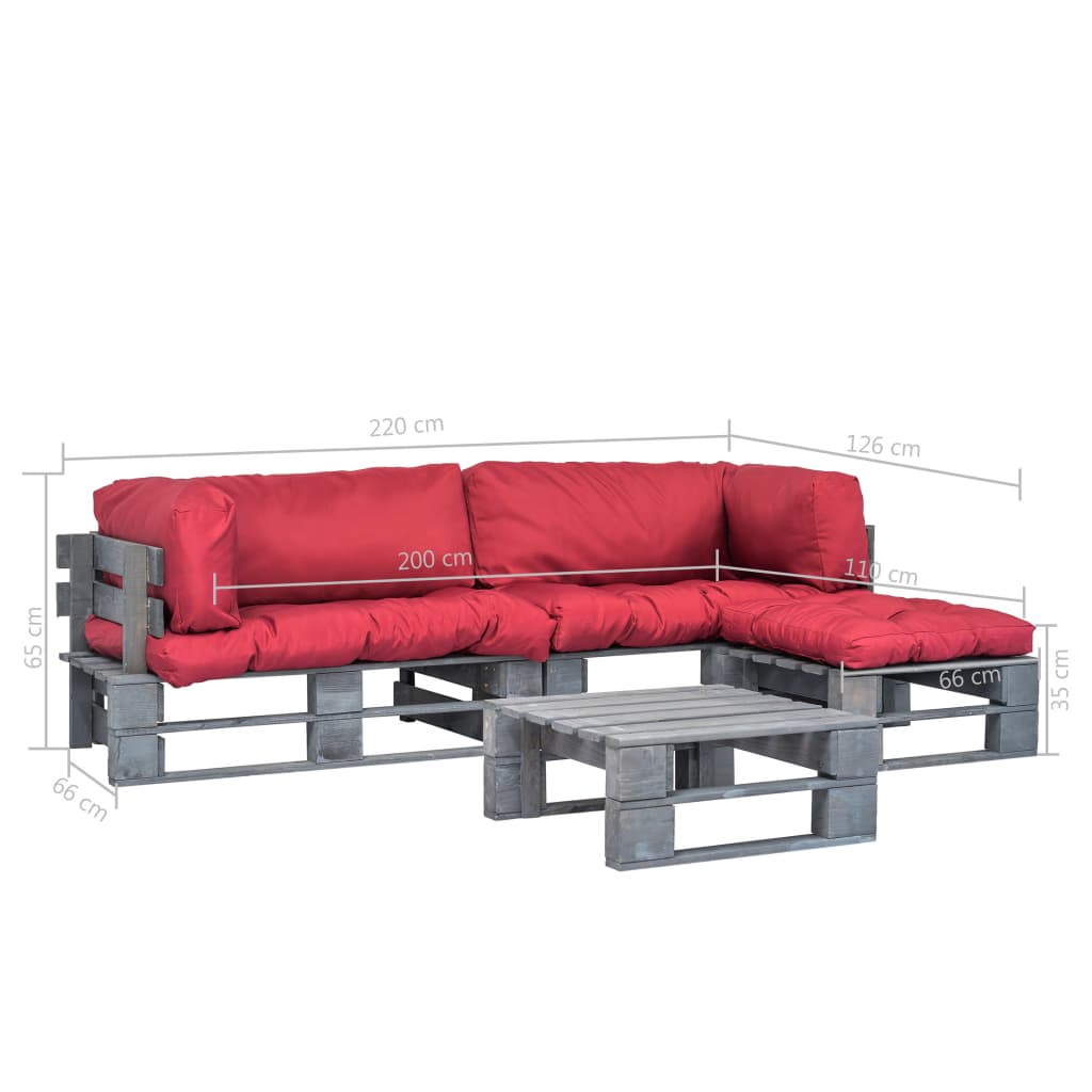 4-delige Loungeset pallet met rode kussens hout