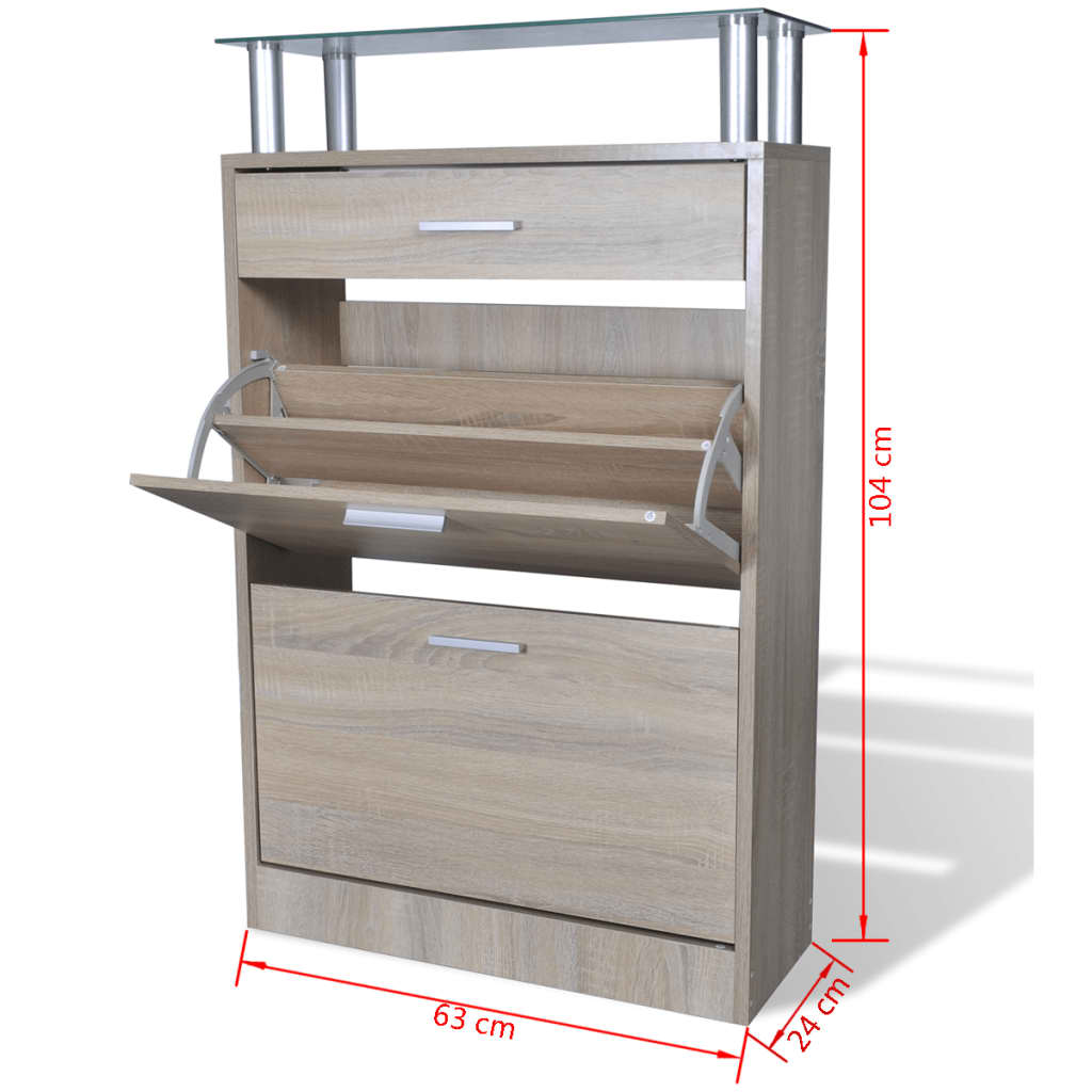 Schoenenkast met lade en glazen schap hout