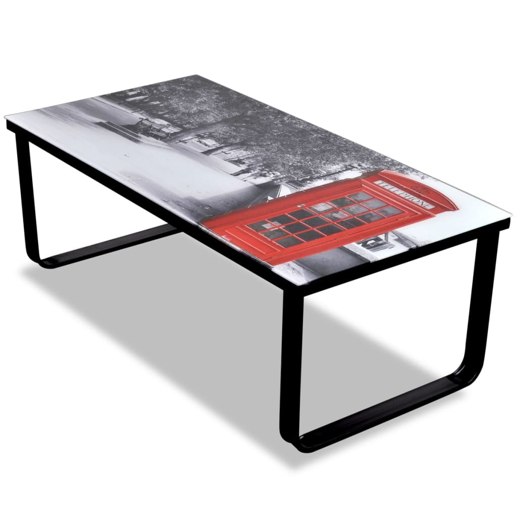 Salontafel met telefooncel-print glazen tafelblad