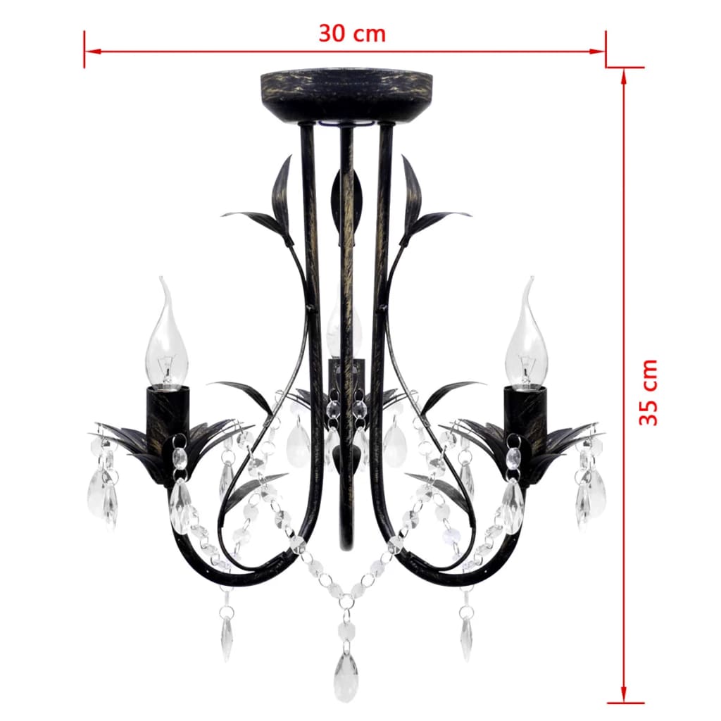 Kroonluchter art nouveau metaal kristallen kralen 3 gloeilampen zwart