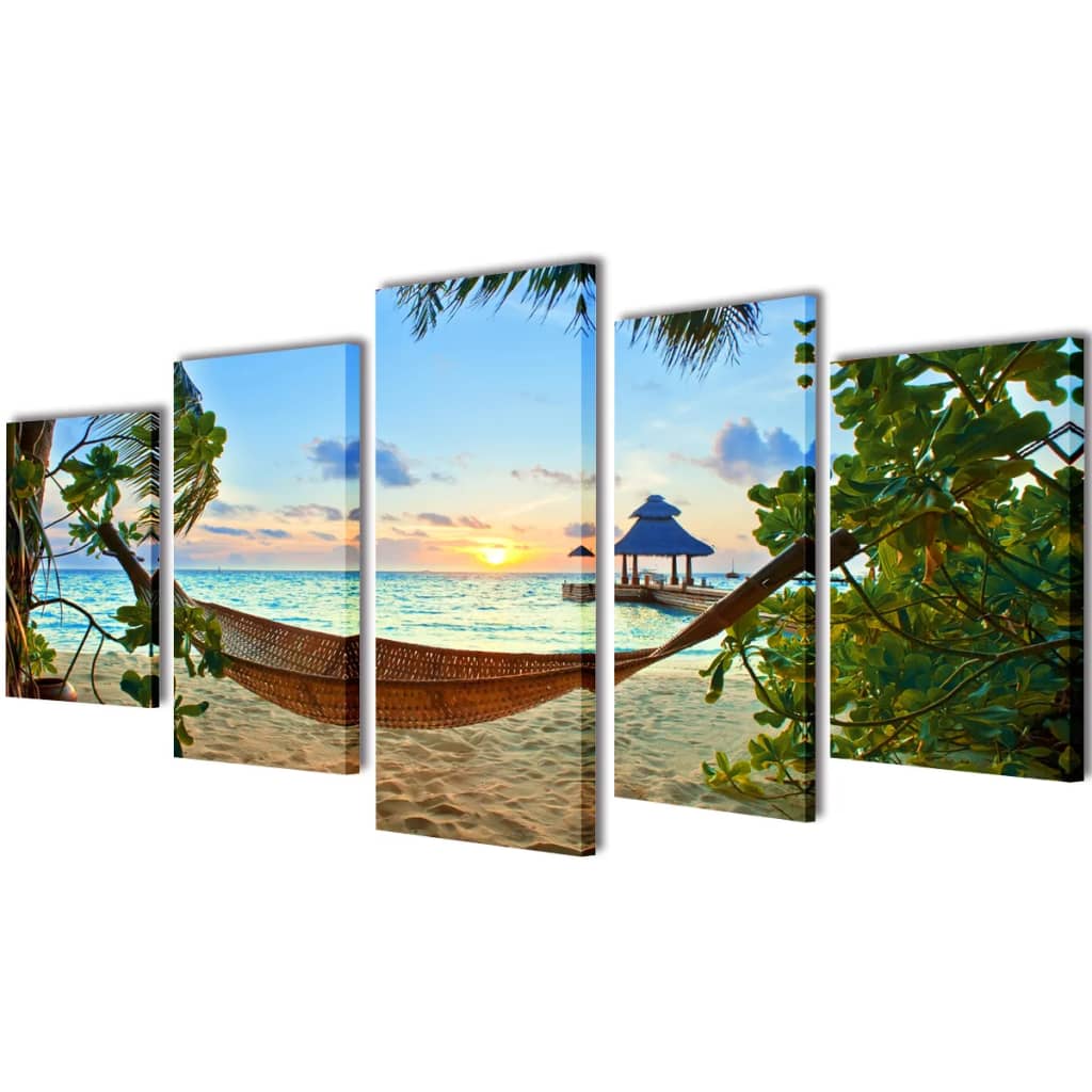 Canvas muurdruk set zandstrand met paviljoen 200 x 100 cm