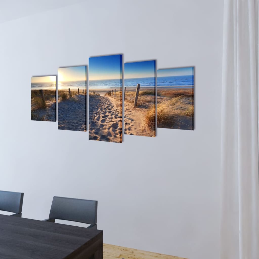 Canvas muurdruk set zandstrand met paviljoen 200 x 100 cm