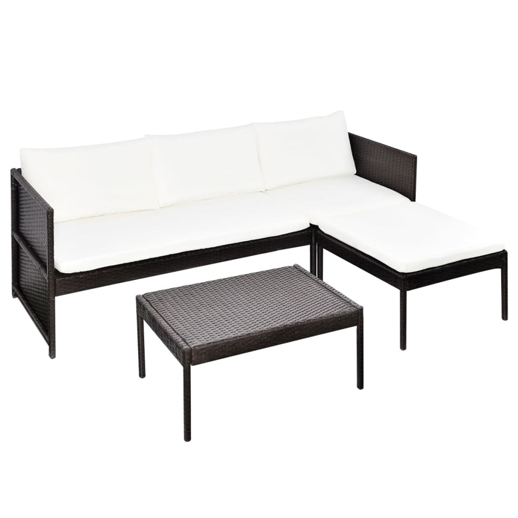 3-delige Loungeset met kussens poly rattan zwart