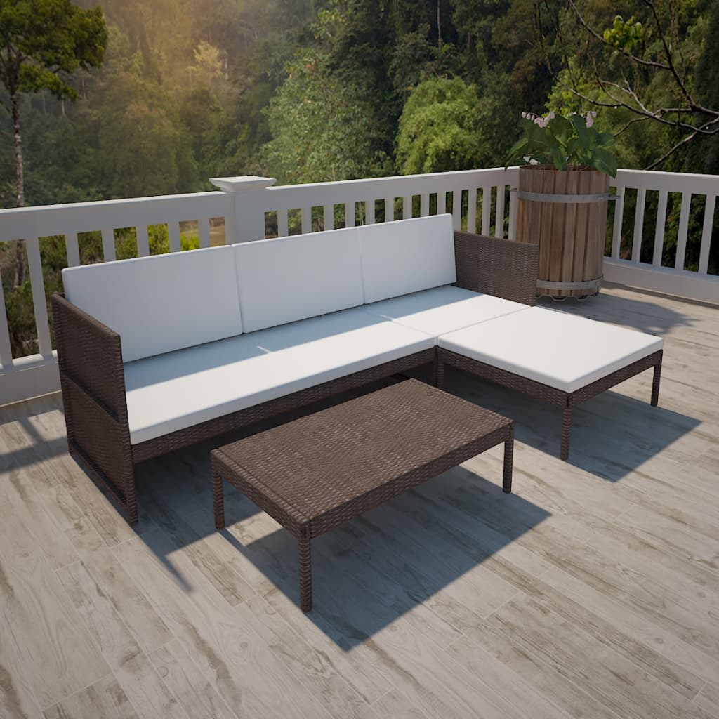 3-delige Loungeset met kussens poly rattan zwart