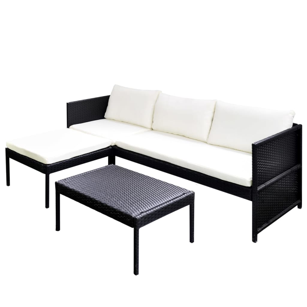 3-delige Loungeset met kussens poly rattan zwart